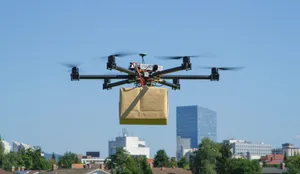 CLOSE UP: UAV drone delivery delivering big brown post package i Berufe der Zukunft: Drohnenverkehrsmanager/in