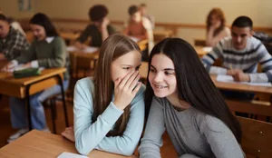 Zwei Mädchen flüsternd im Klassenzimmer. Missverständnis entsteht. Zwei Mädchen flüsternd im Klassenzimmer. Missverständnis entsteht.