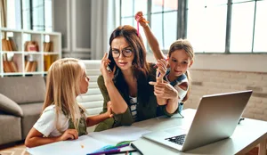 A business woman and a mother are trying to work on a laptop when her little daughters are playing, fooling around and interfering with her. Freelance, work from home. Alleinerziehende Mutter während Pandemie versucht mit zwei Kindern zu arbeiten