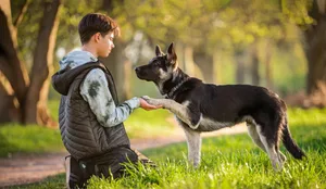 a boy with a dog walks in the park on a sunny spring evening, sits on the grass, the dog obeys the order give a paw. Friendship of man and animal, healthy lifestyle. Hunde helfen Jugendlichen