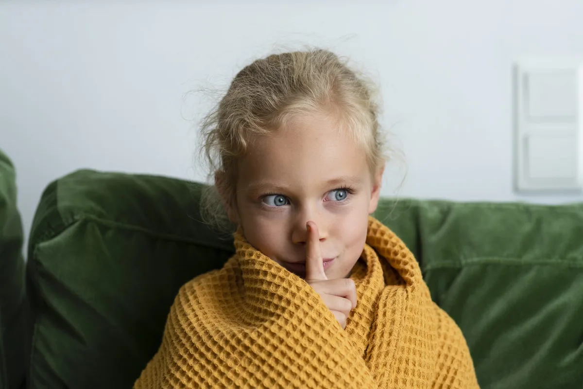 Jeune fille pensive, enveloppée dans une couverture, faisant un geste de silence chez elle Les enfants hypersensibles sont souvent plus sensibles au bruit