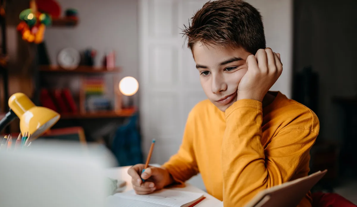 Teenage boy doing homework at home Ein Junge am lernen