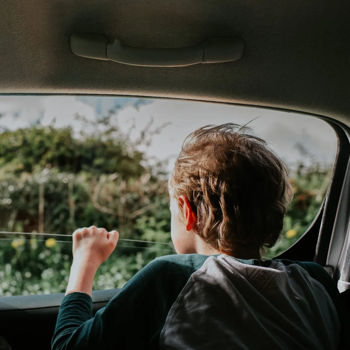Young boy in the back of a car looks out of the window on a sunny day Trennung: Ein Junge schaut aus einem fahrenden Auto
