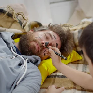 Mischievous boy painting face of father sleeping on couch at home Faule Eltern: Interview mit Hodkinson