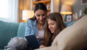 Mother and daughter bonding over technology at home Mutter und Tochter schauen gemeinsam Inhalte auf dem Smartphone an