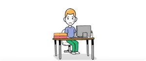 Vis ta vie_image_série_pas_de_stress_autour_nouveau-1 Loin du stress permanent : un garçon assis devant son ordinateur, triste et en sueur